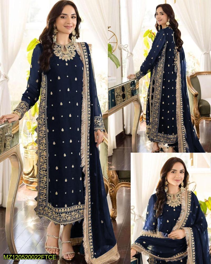 3 pcs Women's Stitched Crimkle Chiffon Embroidered Suit