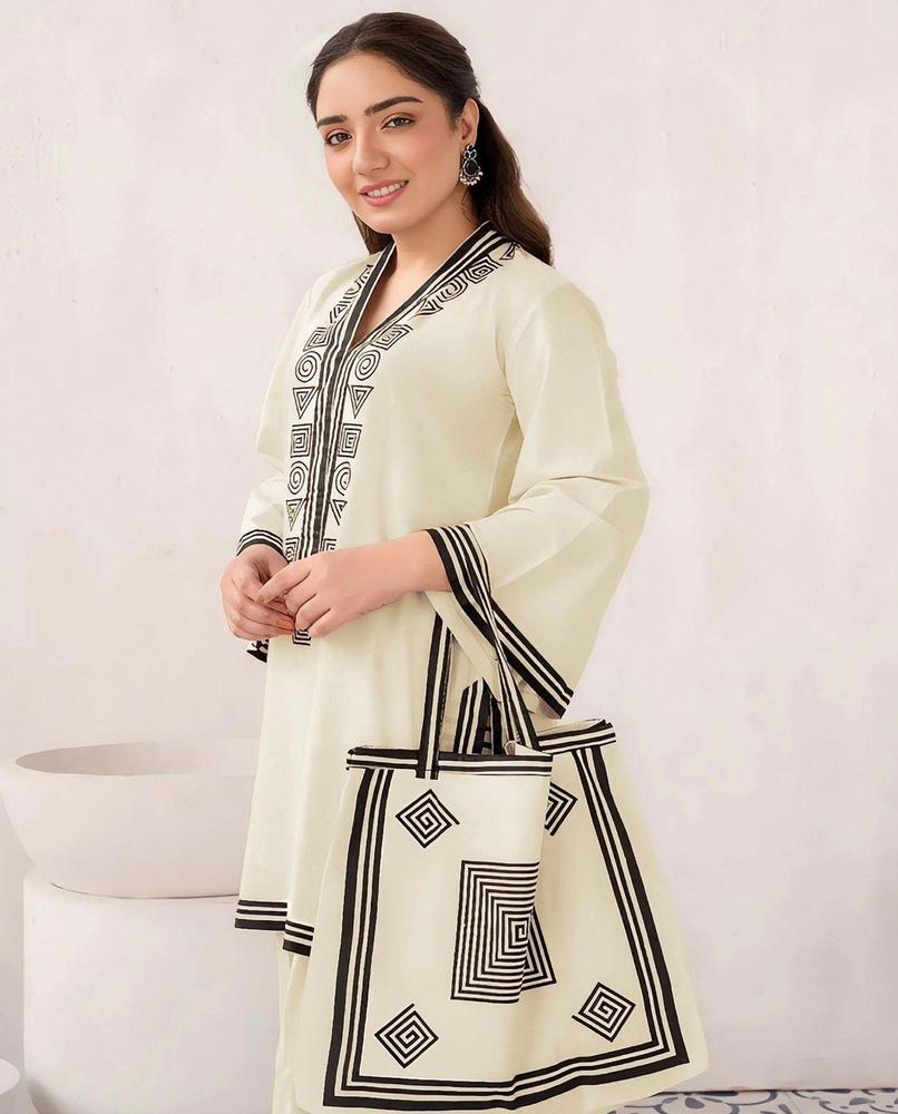 2 pcs women stitched linen printed suit