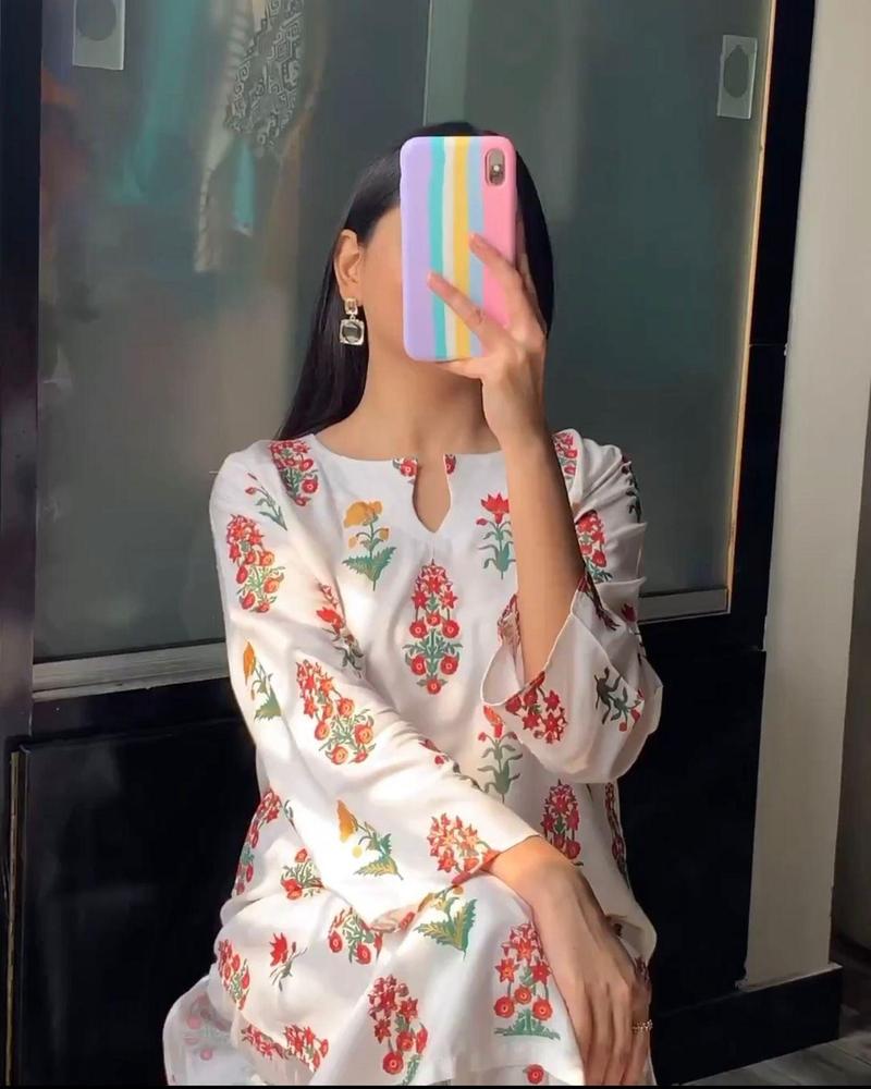 2 piece women stitched linen printed suit